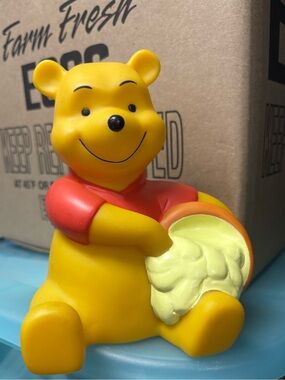 90s Winnie The Pooh with Honey Pot Plastic Bank with stopper. 6”